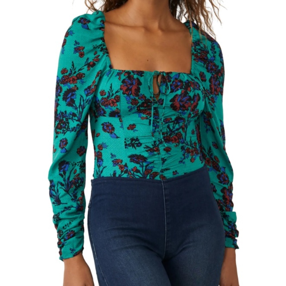 Free People Hilary Floral Print Square Neck Green Long Sleeve Blouse